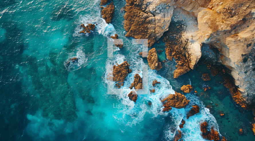 Coastal aerial of the ocean and rocks and waves