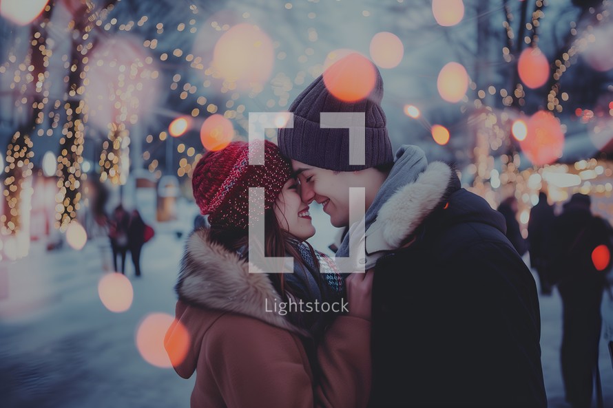 A couple kissing and hugging in a snowy street