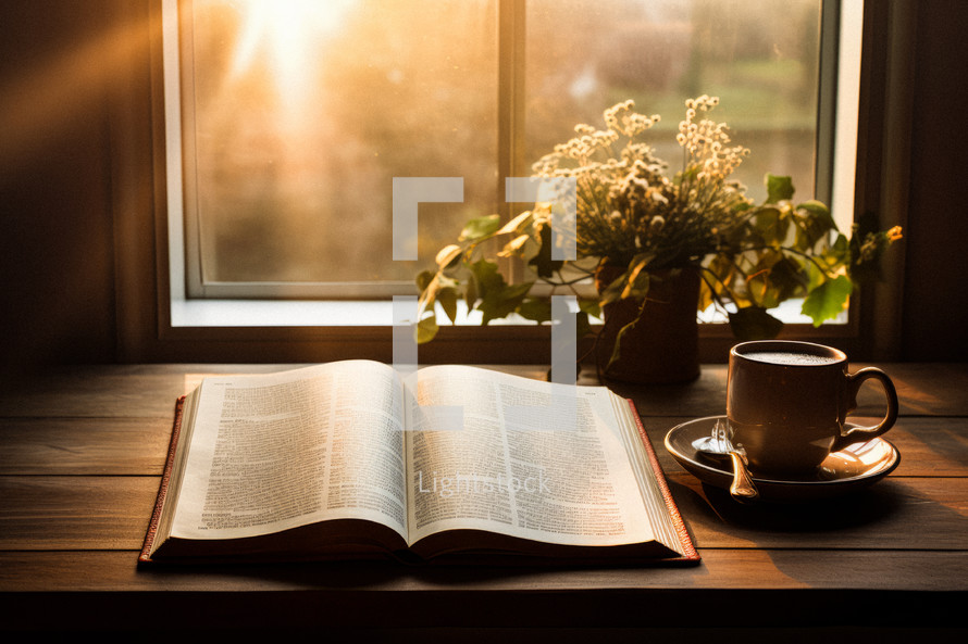 Bible and coffee mug on rustic wood table with warm window light streaming in.