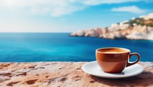 Cup of coffee on the background of the sea
