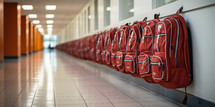 Row of red school backpacks in the corridor of the school.