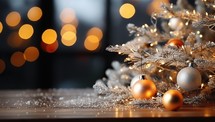 Christmas tree with golden and silver balls on wooden table against blurred lights