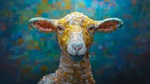 Colorful Mosaic Sheep Art with Yellow, Pink, and Blue Tiles