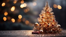 Christmas tree on wooden background with bokeh lights and copy space