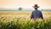 Rear view of a senior farmer standing in the middle of a wheat field