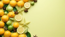Top view of fresh lemons, limes and star anise on yellow background