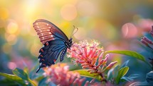 Butterfly feeding on flower during sunset
