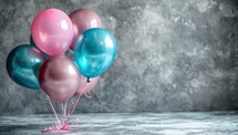 Colorful balloons on grey concrete background with copy space for your text