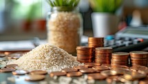 Rice and coins on the table with calculator and plant in the background