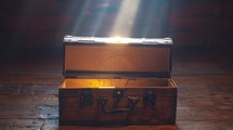 Glowing Treasure Chest with Light Beam and Dust Particles. Mystery, Discovery, and Magic