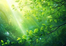 Fresh green leaves background with sunbeams and lens flare in forest