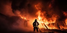 Firefighters extinguish a large fire in the city at night.