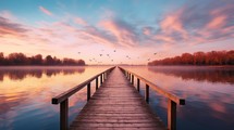 Wooden jetty on a lake at sunrise with flying birds in the sky