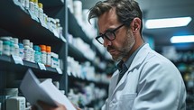 Portrait of male pharmacist writing prescription while standing in drugstore