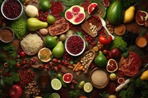 Healthy food ingredients for cooking on wooden background. Top view.