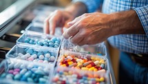 Man selecting colorful pills in pharmacy