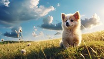 Pomeranian dog sitting on the grass in the meadow.