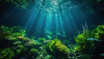 Sunlit underwater world with corals and tropical fish