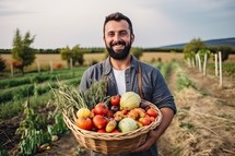 Portrait of a smiling farmer holding a basket full of freshly harvested vegetables