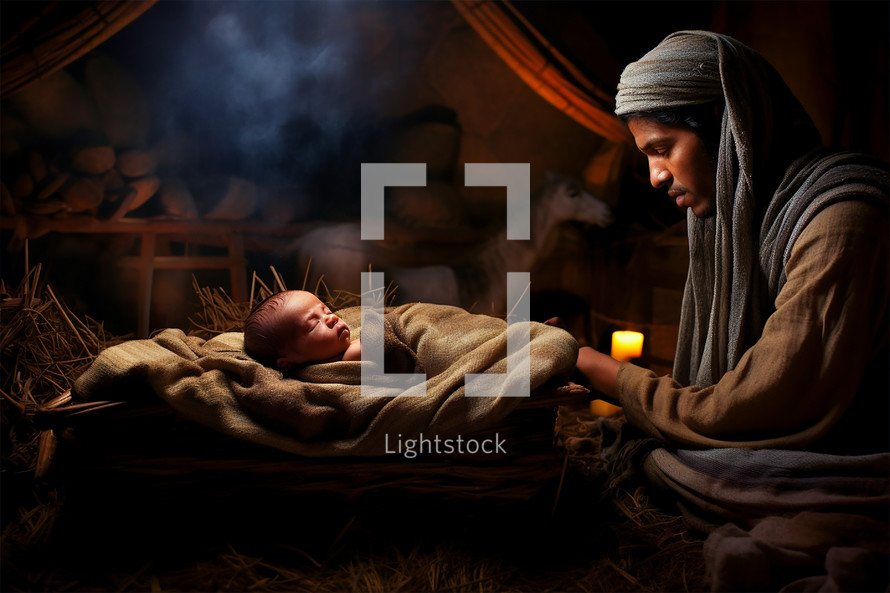 Shepherd worshiping Baby Jesus laying in the manger
