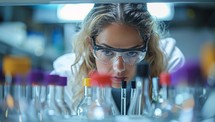 Female scientist examining chemical compounds in research laboratory. Scientific experiment and analysis in modern lab facility