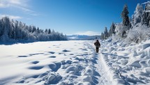 Woman walking on snow-covered lake in winter. Beautiful winter landscape.