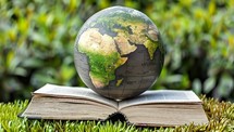 Globe and open book on green grass background, Earth day concept