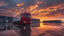Truck Transportation Logistics at Sunset, Delivering Cargo Nationwide with Vibrant Sky Reflections on Wet Pavement