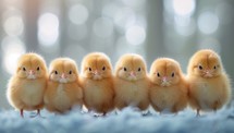 Group of little yellow chicken on blue background with bokeh.