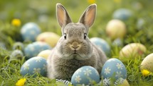 Easter bunny rabbit surrounded by colorful painted eggs in grassy meadow. Springtime holiday celebration with adorable furry animal.
