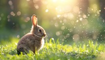 Adorable bunny rabbit in grassy meadow with bokeh lights. Cute Easter animal in spring nature scene with sunlight flare.