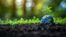 Sustainable Future, Seedling Growing on Earth Globe, Environmental Conservation Concept
