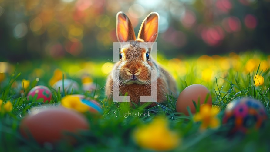Easter bunny rabbit surrounded by colorful eggs in blooming meadow. Spring holiday celebration with cute furry animal in vibrant flower field.