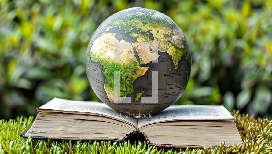 Globe and open book on green grass background, Earth day concept