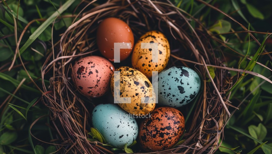 Colorful speckled bird eggs nestled in a cozy nest, symbolizing new life and springtime. Concept of nature, fertility, and rebirth