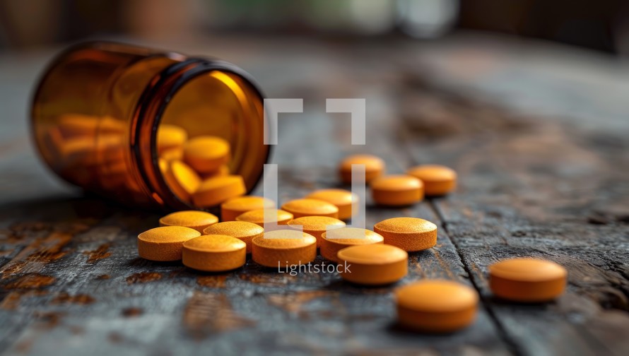 Prescription medication pills spilled from amber bottle on rustic wooden surface. Concept of healthcare, pharmaceuticals, and drug abuse