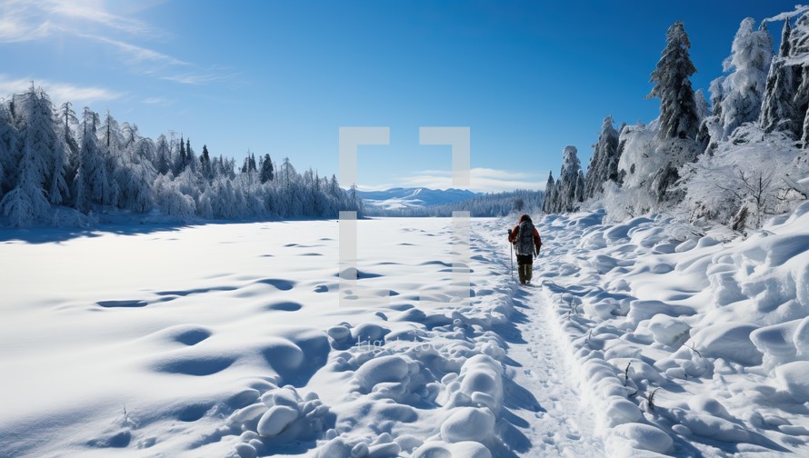 Woman walking on snow-covered lake in winter. Beautiful winter landscape.