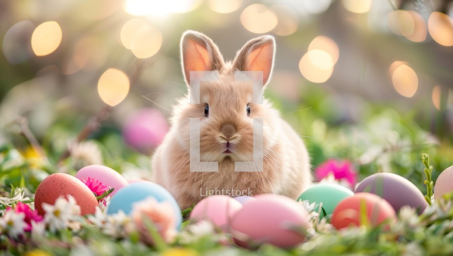 Cute little bunny with easter eggs in the meadow.