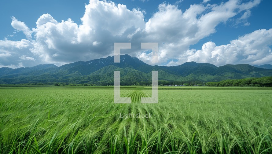 Serene landscape of lush green wheat field with majestic mountains in the distance under a partly cloudy blue sky. Concept of nature, agriculture, and tranquility.