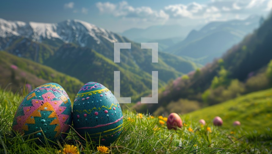 Colorful Easter eggs nestled in alpine meadow with majestic mountain landscape. Springtime celebration and holiday traditions amidst breathtaking natural scenery