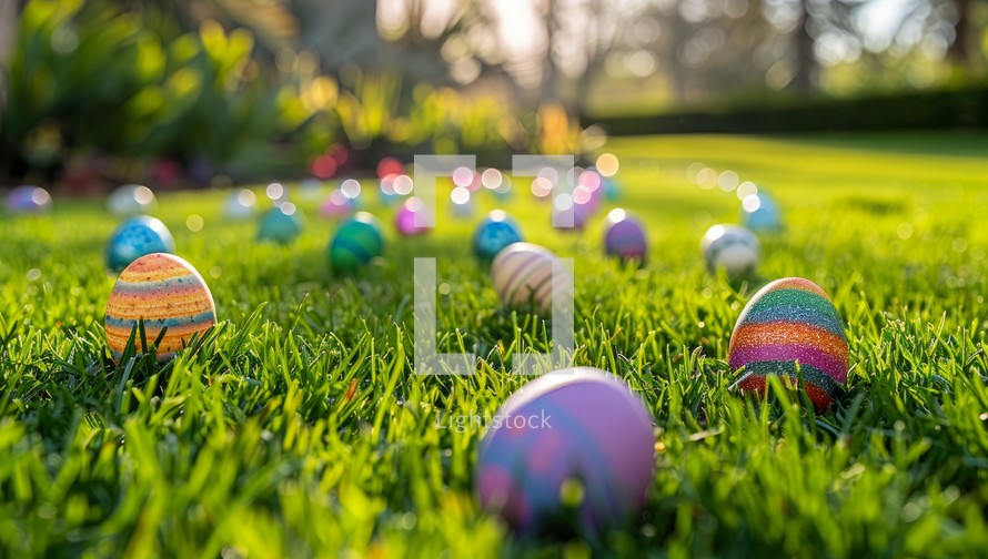 Colorful Easter eggs scattered on lush green grass in park or backyard. Spring holiday celebration and tradition of decorating eggs