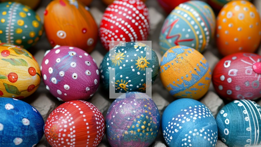 Vibrant collection of hand painted Easter eggs with intricate designs and patterns