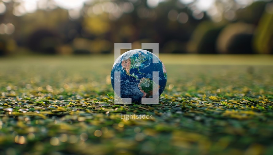 Earth globe on grassy field, environmental conservation and sustainability concept. Protecting our fragile planet from climate change and pollution