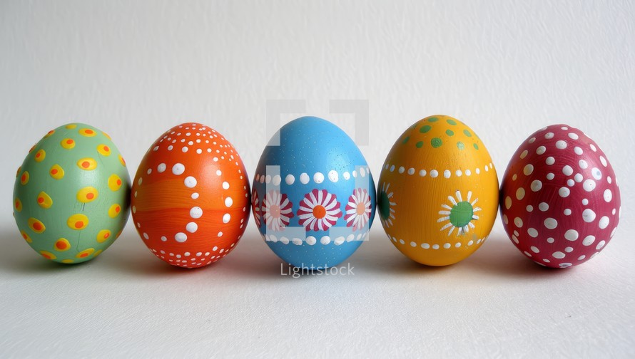 A row of five painted Easter eggs in bright colors with floral and polka dot designs.