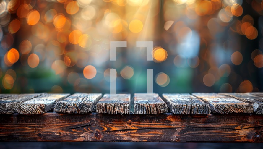 Rustic wooden table with blurred festive lights background. Holiday season concept with copy space for product display or text