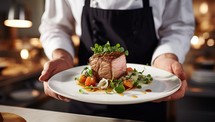 Chef holding plate with delicious roasted duck fillet on table in restaurant