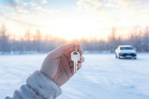 Key in the hands of a man against the background of a winter landscape.