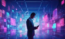 Businessman using tablet in futuristic server room with hologram screens. Toned image double exposure