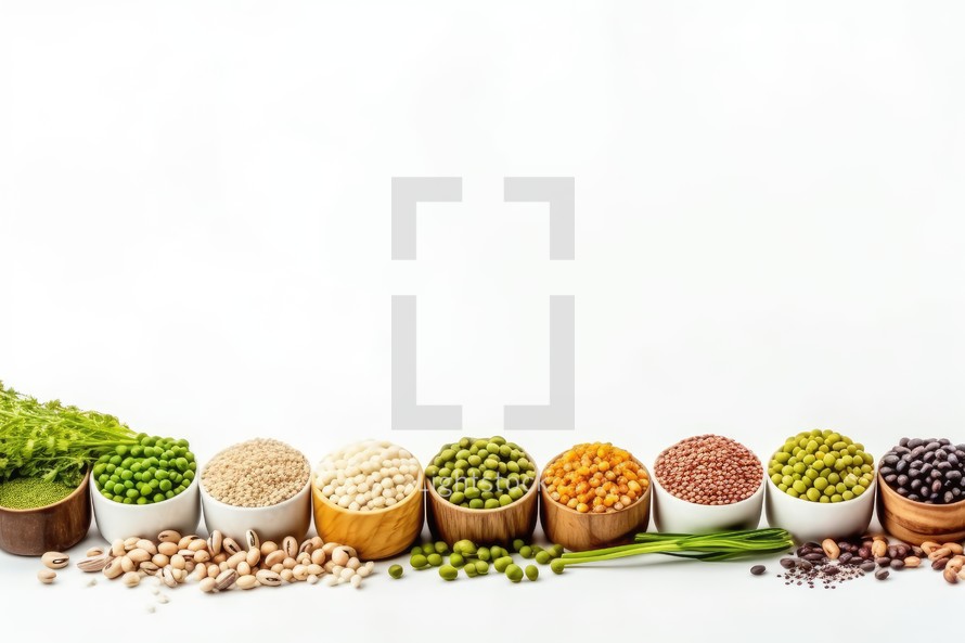 various legumes in wooden bowls and spoons on white background
