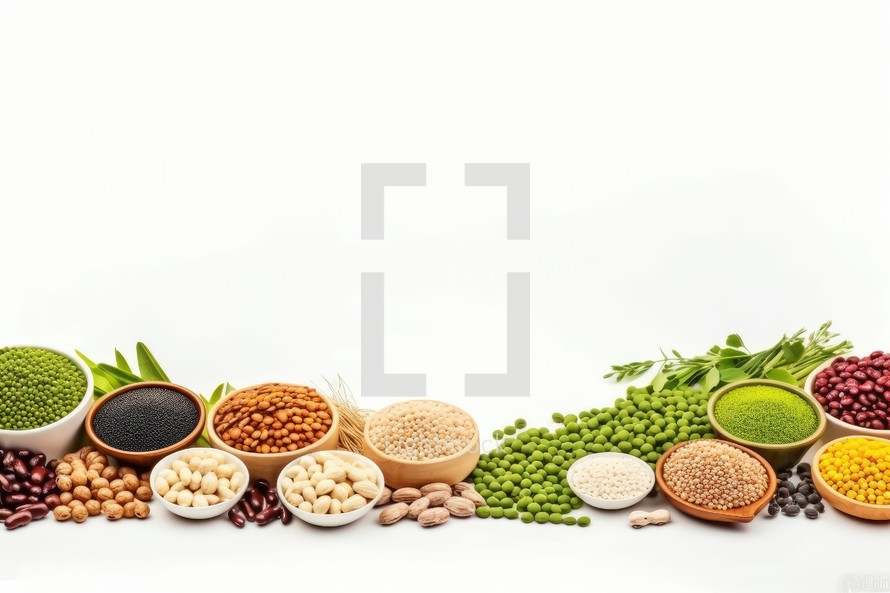 Legumes, peas, soybeans, beans, lentils, chickpeas and barley on white background